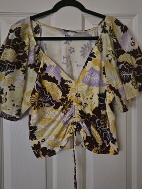 Maeve Floral Drawstring V-Neck Top in Yellow, Purple & Brown